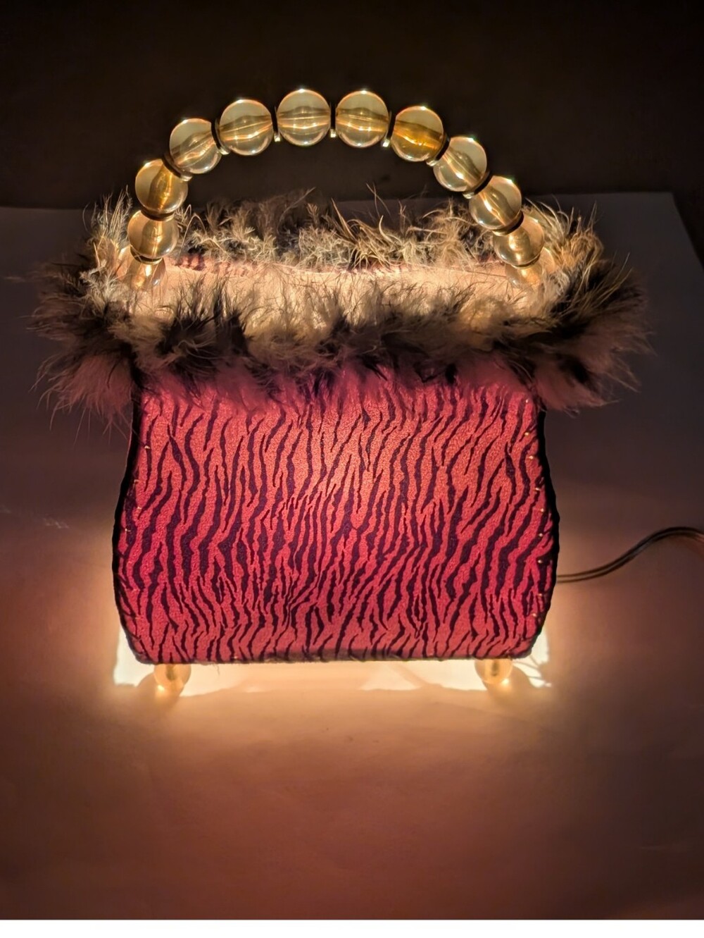 Vintage Y2K Tiger Print Purse Table Lamp Faux Fur Acrylic Bead Handle